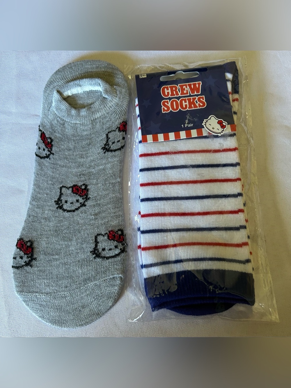 Hello Kitty Gray No-Show & White Striped Crew Socks - Red & Blue